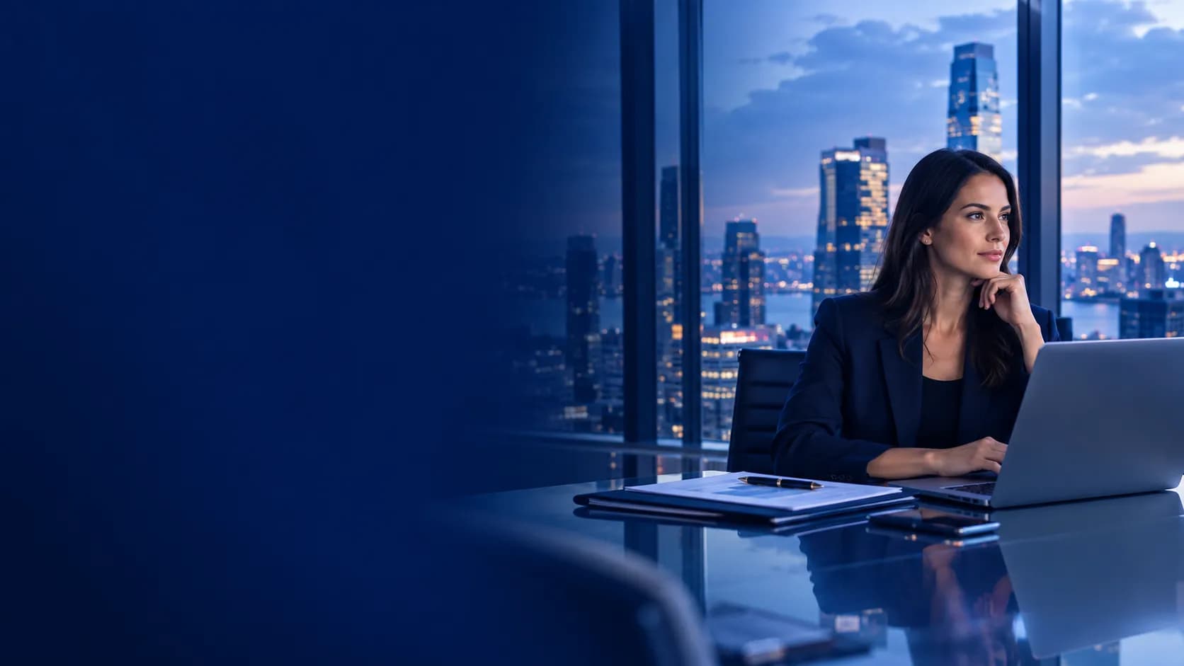 Commercial real estate broker reviewing deal materials in a high-rise office
