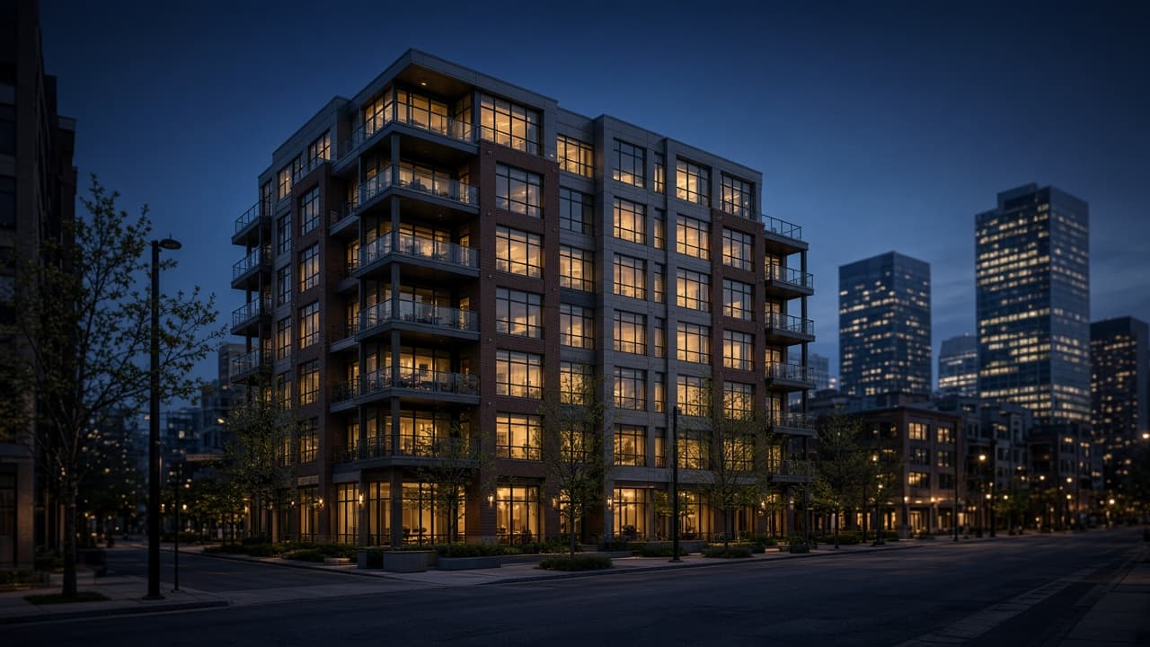 Investment multifamily and commercial property skyline at dusk